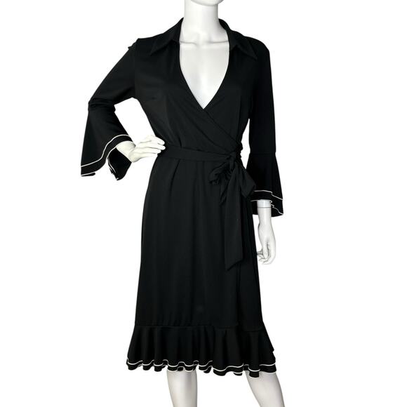 Vintage 90s Express Wrap Midi Dress Ruffle Bell Sleeves Whimsigoth Black Size 10 - Picture 1 of 6